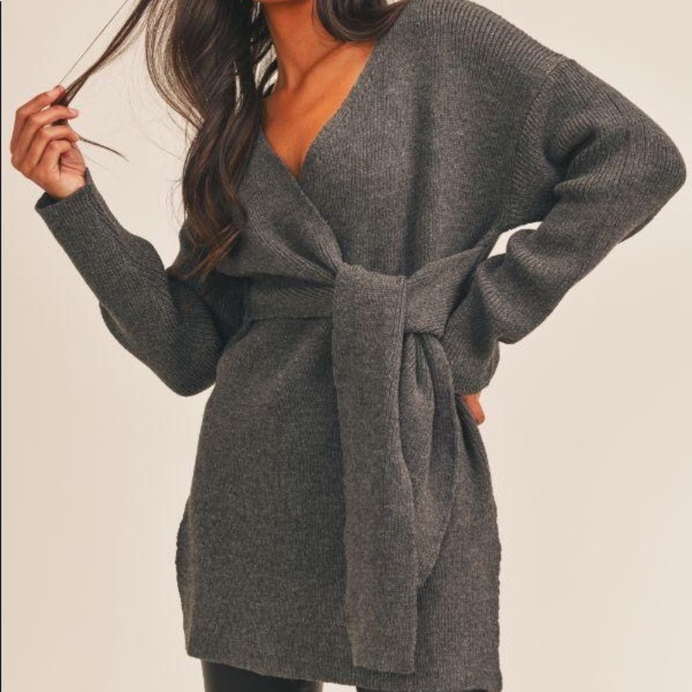 Sage Gray Knit Wrap Tunic Sweater